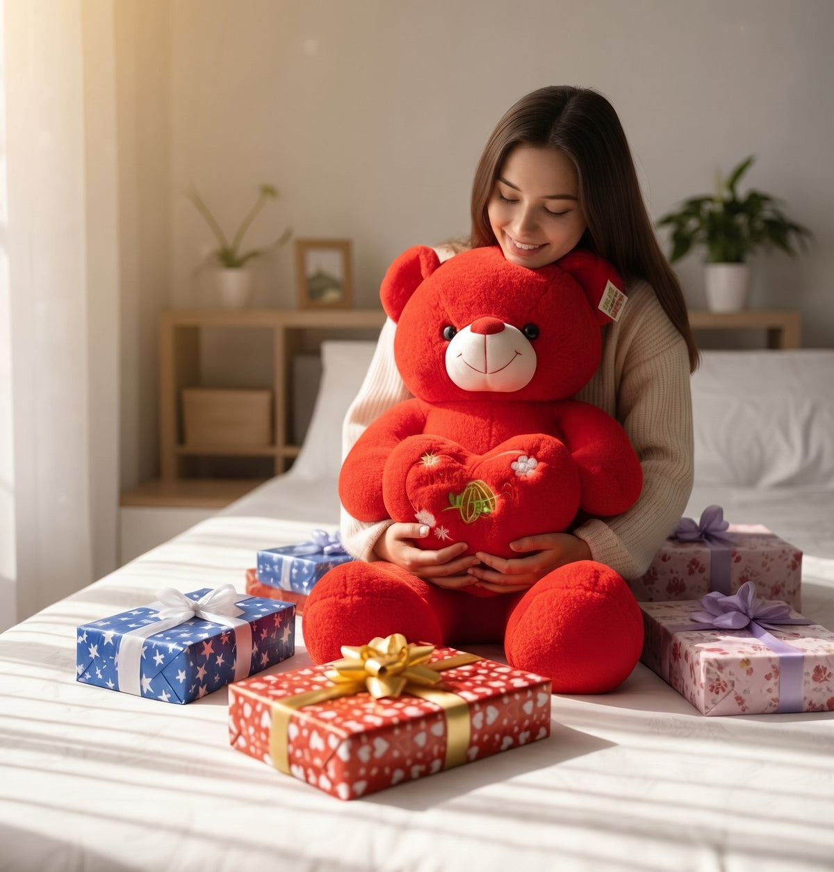 Large Red Love Teddy Bear with Heart Cushion