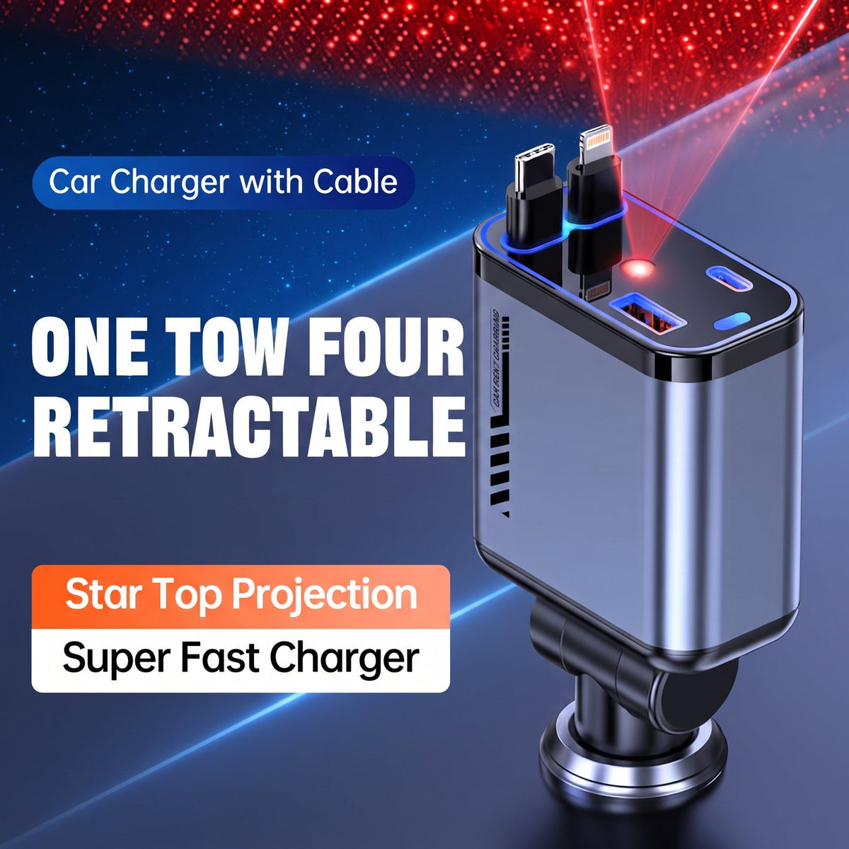 66W Retractable Car Charger with USB-C & Lightning Cables