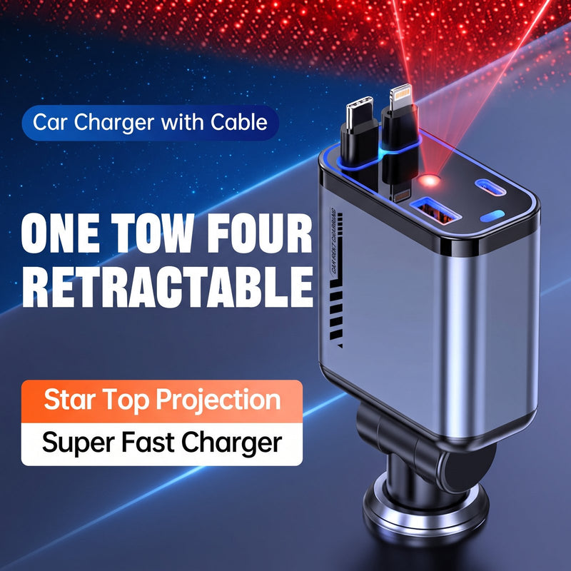 66W Retractable Car Charger with USB-C & Lightning Cables