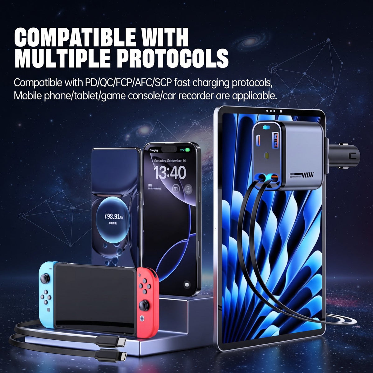 66W Retractable Car Charger with USB-C & Lightning Cables