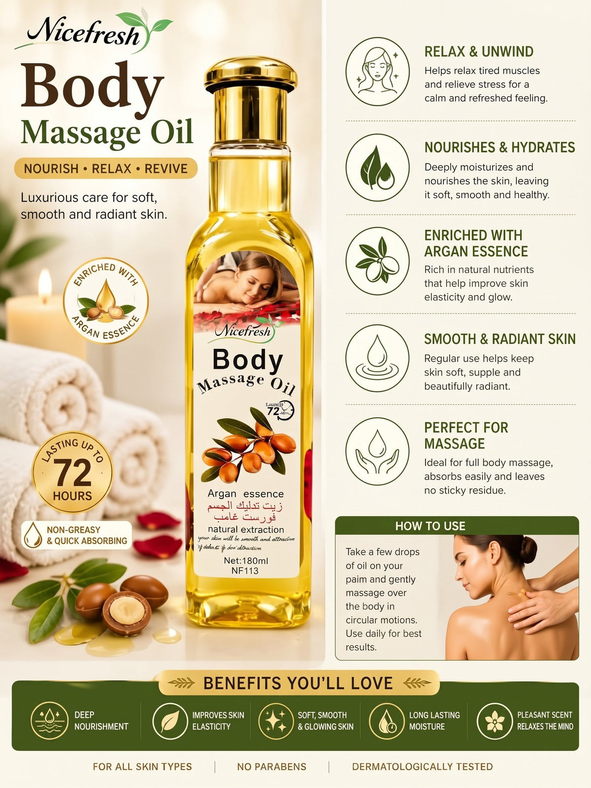 NiceFresh Argan Body Massage Oil 180ml